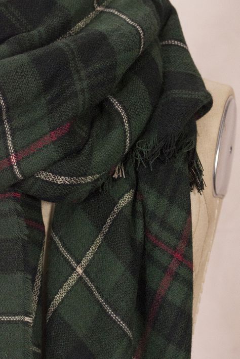 #plaidscarf #fashion #winterscarf Dark Green Scarf, Green Plaid Scarf, Emily Cooper, Irish Tartan, The Carolinas, Plaid Blanket Scarf, Scarf Style, Plaid Blanket, Green Scarf