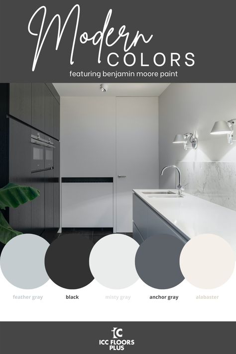 Create a sleek and chic modern oasis with a timeless color palette from @benjaminmoore. Minimalist Room Color Palette, Modern Industrial Palette, Modern Lux Color Palette, Modern Interior Color Palette 2023, House Color Schemes Interior Modern, Modern Pallete Color, Industrial Modern Color Palette, Modern Grey Color Palette, Modern Clean Color Palette