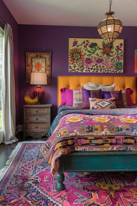 29 Boho Bedroom Layout Ideas 24 Colorful Eclectic Bedroom, Bedroom Orange, Eclectic Bedroom, Colourful Living Room, Deco Originale, Bohemian Bedroom Decor, Bohemian Bedroom, Maximalism, Bedroom Layouts