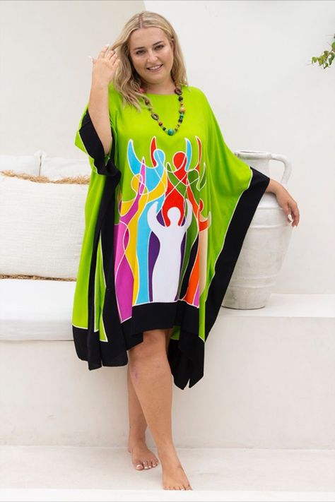 Celebrate the beautiful power of women in this short caftan poncho dress, hand painted by traditional artisans using the ancient art of batik. Short Poncho, Women Tree, Poncho Women, Ladies Caftan, Beach Poncho, Power Of Women, Morning Dress, Poncho Dress, Womens Poncho