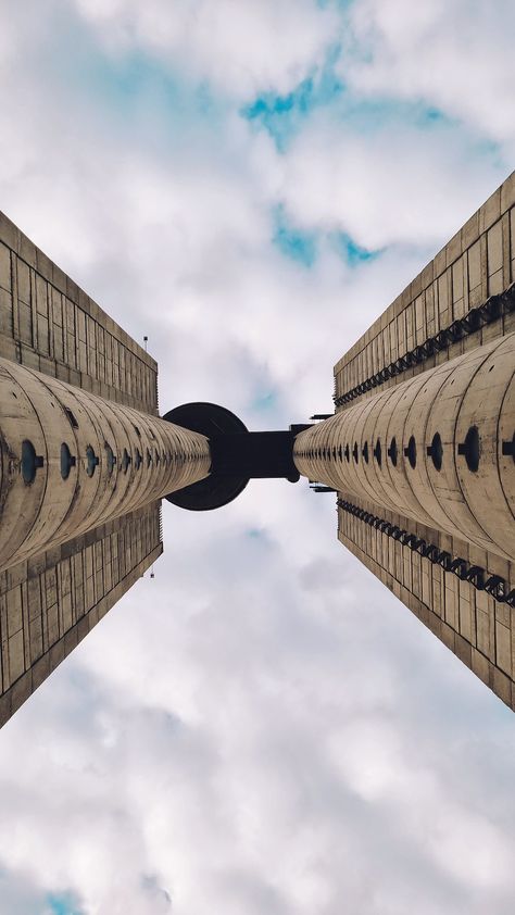 Low-angle shot of Genex in Belgrade. An odd yet unique architectural building design #Genex #zepter #Belgrade #Serbia #architecture #serbianstyle #city #structure #buildings Genex Tower, Serbia Architecture, City Structure, Stari Beograd, Low Angle Shot, Belgrade Serbia, Low Angle, Corporate Design, Building Design