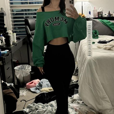 Green reworked cropped off the shoulder sweater by... - Depop Diy Off The Shoulder Sweatshirt, Cropped Sweater Outfit, Cute Lounge Outfits, Off The Shoulder Sweatshirt, Off Shoulder Sweatshirt, Lounge Outfits, Off The Shoulder Sweater, Style Goals, Shoulder Sweater