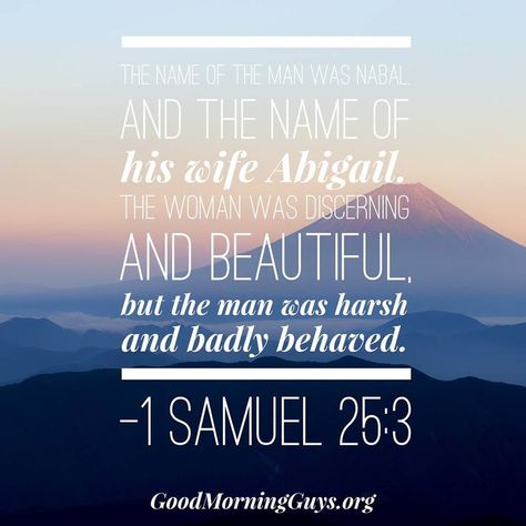 The name of the man was Nabal, and the name of his wife Abigail. The woman was discerning and beautiful, but the man was harsh and badly behaved. 1 Samuel 25:3 1 Samuel 25, Faith Moves Mountains, He First Loved Us, Powerful Scriptures, 1 Samuel, Bible Characters, Proverbs 31 Woman, Positive Living, Daily Encouragement