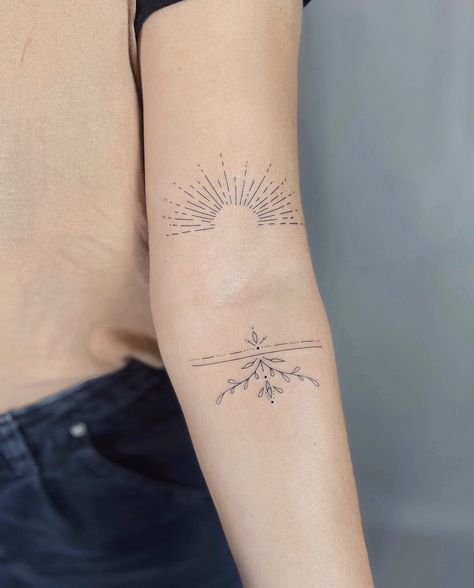 Rays Of Sunshine Tattoo, Sun Rays Tattoo, Above Elbow Tattoo, Roots Tattoo, Sunshine Tattoo, Ray Tattoo, Tiny Heart Tattoos, Fern Tattoo, Light Tattoo