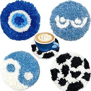 Coasters for Drinks - Handmade Preppy Tufted Blue Decor Rug Aesthetic Cute Room Coffee Table Decor for Women Girl Gift 4Pcs Aesthetic Cute Room, Boho Coasters, Bar Desk, Desk Kitchen, Rug Aesthetic, Cute Room, Cute Coasters, Absorbent Coasters, Room Coffee Table