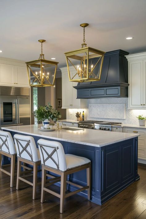 25 Navy Blue Kitchens You’ll Fall in Love With - Kitchen Informant Navy Blue White And Gold Kitchen, Modern Farmhouse Navy Blue, Small Blue And White Kitchen, Blue House Aesthetic, Blue Accent Kitchen, White Kitchen With Blue Island, Navy Blue Kitchens, White Kitchen Navy Island, Blue And Grey Kitchen