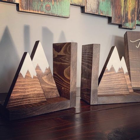 Wooden Bookends, Beginner Pottery, Woodland Nursery Theme, Reclaimed Wood Projects, Decorative Baskets, Book Ends, Snow Caps, Wood Creations, Mountain Paintings