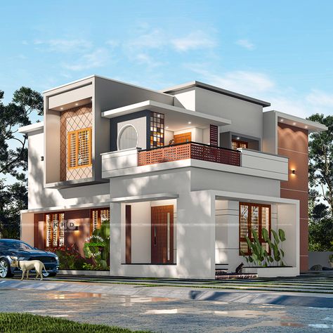 Box model contemporary house in Kerala, India Modern House Front Elevation, House Front Elevation Design, Indian House Exterior Design, House Front Elevation, Front Elevation Design, Colonial House Exteriors, Front Wall Design, House Outer Design, Small House Elevation