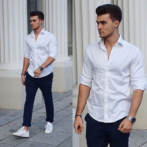 Camisa Blanca Outfit, White Shirt Black Jeans, White Shirt Dress Outfit, Business Casual Attire For Men, Blue Pants Men, Mens Smart Casual Outfits, Wedding Outfit Men, Mens Casual Outfits Summer, Smart Casual Men