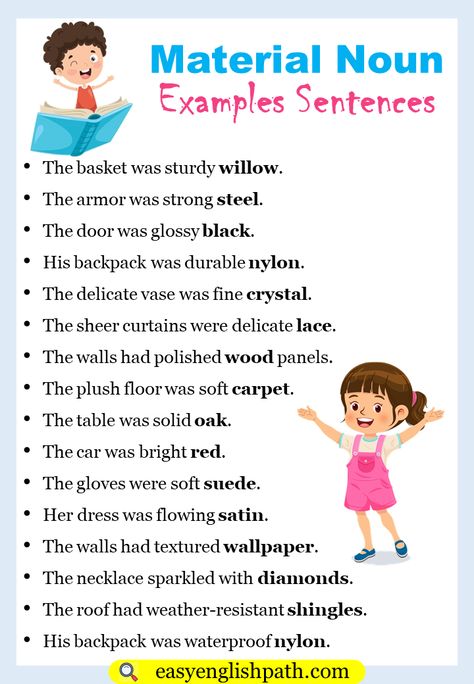 Material Noun Examples Sentences In English. Material Noun Sentences Noun Sentences, Material Noun, Noun Examples, Sentences In English, Easy English, Common Phrases, English Sentences, Wood Polish, Soft Carpet