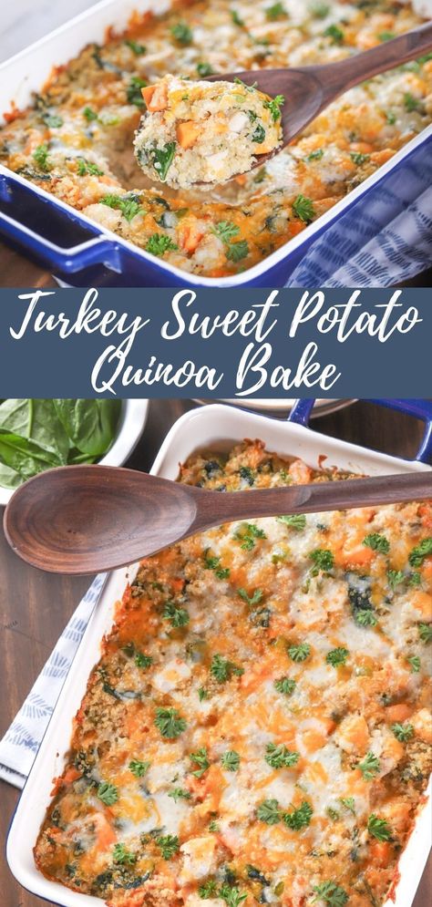 Sweet Potato Quinoa Casserole, Chicken Quinoa Sweet Potato Casserole, Ground Turkey Sweet Potato Quinoa, Turkey Quinoa Casserole, Turkey And Sweet Potato Bake, Turkey Sweet Potato Casserole, Quinoa And Turkey Recipes, Chicken Quinoa Casserole Recipes, Turkey Sweet Potato Bake