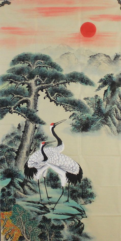 Hand-Painted pine tree & crown cranes art, large size vertical traditional Chinese brush painting, Gongbi, Asian wall decor, tea room Tree Crown, Cranes In The Sky, Chinese Tree, Asian Wall Decor, Chinese Bird, Watercolor Paintings For Sale, Asian Gifts, Asian Wall Art, Ink Wash Painting