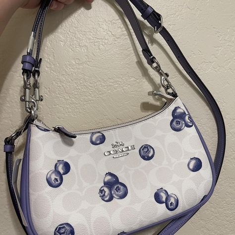 Coach Teri Shoulder Bag In Signature Canvas With Blueberry Print Coach Teri Shoulder Bag, Blueberry Print, Coach Leather Bag, Buckle Bags, Vintage Shoulder Bag, Brown Tote, Leather Shoulder Handbags, Signature Canvas, Coach Leather