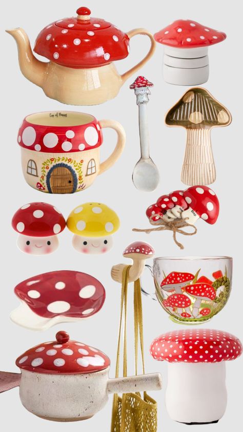 Mushroom kitchen decor Mushroom Decor Aesthetic, World Market Mushroom, Mushroom Things To Buy, Mushroom Themed Room Decor, Fantasy Kitchen Decor, Mushroom Astethic Room, Fairy Kitchen Decor, Vintage Mushroom Kitchen Decor, Mushroom Themed Room Aesthetic