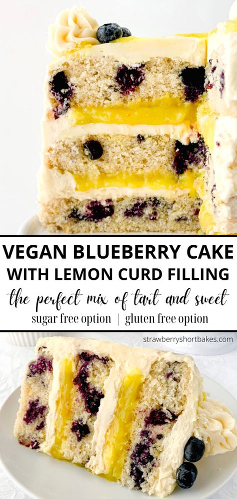 Vegan Lemon Blueberry Cake, Lemon Cake With Lemon Curd, Cake With Lemon Curd Filling, Vegan Gluten Free Cake, Cake With Lemon Curd, Lemon Blueberry Cake, Vegan Lemon Cake, Curd Filling, Vegan Baking Recipes