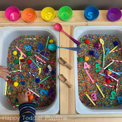 Birthday Math Sensory Bin - HAPPY TODDLER PLAYTIME Birthday Sensory Bin Preschool, Birthday Sensory Table, Bakery Sensory Bin, Dessert Sensory Bin, Cake Sensory Bin, Birthday Sensory Bin, Birthday Cake Sensory Bin, Math Sensory Bin, Free Birthday Gift Tags