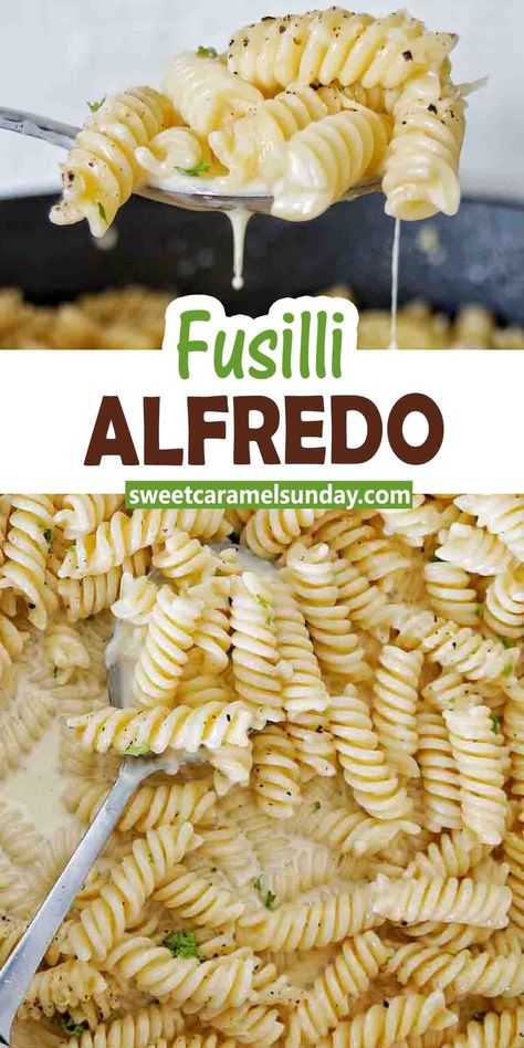 Spoon holding fusilli alfredo over plate of the same. Text label indicating 'fusilli alfredo' between 2 images. Creamy Fusilli Pasta, Healthy Fusilli Pasta Recipes, Fusilloni-pasta Recipe, Fussili Pasta Recipes, Easy Pasta Recipes Few Ingredients Simple, Fusili Pasta Recipes, Fusilli Pasta Recipes, Fettucini Alfredo Recipe, Fusilli Pasta Recipe