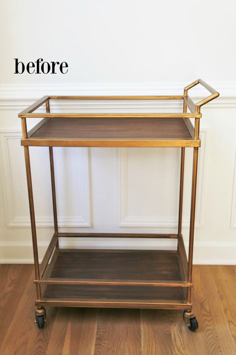 bar-cart-before-makeover Bar Cart Refurbish, Vintage Bar Cart Makeover, Diy Bar Cart Repurposed, Vintage Bar Cart Styling, Kitchen Cart Makeover, Bar Cart Makeover, Target Bar Cart, Diy Faux Marble, Wooden Bar Cart