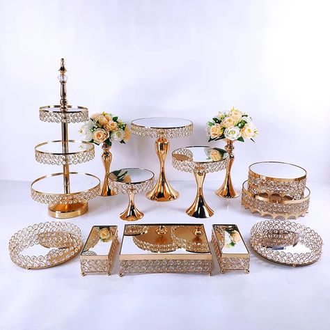 6-16pcs Crystal Metal Cake Stand Set Acrylic Mirror Cupcake Decorations Dessert Pedestal Wedding Party Display Tray - Cake Tools - AliExpress Dessert Display Table, Candy Bar Decor, Wedding Dessert Table Decor, Cupcake Stand Wedding, Dessert Display Stand, Tray Cake, Gold Cake Stand, Party Display, Metal Cake Stand