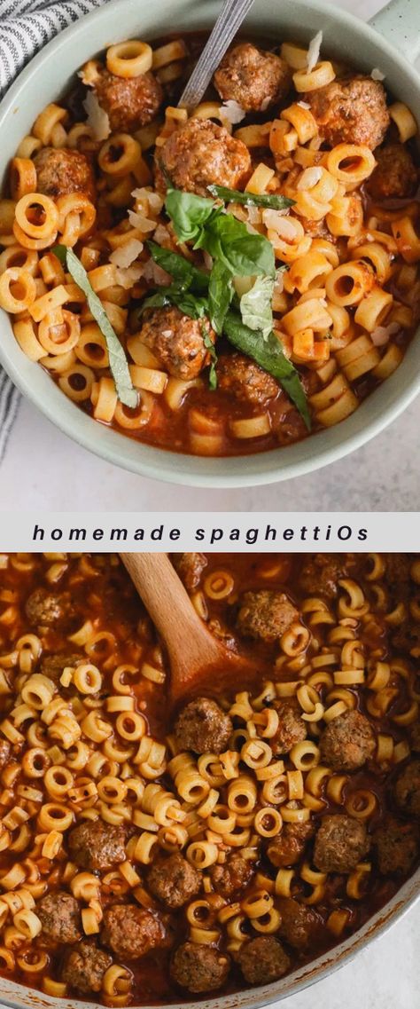 Less processed than the canned stuff, Homemade Spaghetti Rings with Meatballs will bring you back to your childhood with loads of leftovers! #spaghetti #spaghettiandmeatballs Homemade Spaghetti Os With Meatballs, Leftover Meatballs What To Do With, Saturday Meals, April Recipes, Pantry Meals, Chicken Pasta Dishes, Chicory Recipe, Homemade Spaghetti, Small Pasta