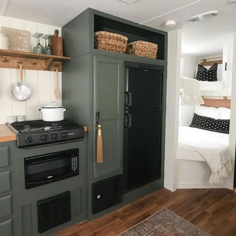 Camper Reno + Van Lifers on Instagram: “Because who doesn’t love gorgeous green cabinets and adorable bunks?! It’s so fun to design things like the headboard and cabinet layout…” Camper Vintage, Rv Interior Remodel, Camper Interior Design, Tiny House Camper, Camper Trailer Remodel, Vintage Camper Remodel, Caravan Renovation, Diy Camper Remodel, Travel Trailer Remodel