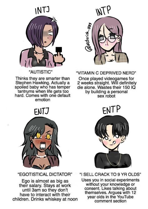 who is the worst? tia, kim, gloria, or aster? 😹 VOTE BELOW!! ⬇️⬇️⬇️ (wish evryone chose me 😈- ENTP) just a reminder: the polling is just afor fun and all these jokes is refer to my OC, does not refer to people in RL :'v peace!  art by me @asterisk_ygy 💕  #entp #entj #intj #intp #mbti #entjfanart #entpfanart #intjfanart #mbtifanart #intpfanart #femaleentp #femaleentj #femaleintj #femaleintp #mbtioc #mbtimemes #intpmemes #entpmemes #entjmemes #intjmemes Intp Entp Intj Entj, Intp Relationship Dynamics, The Analysts Mbti, Entj X Entp, Intj And Entp, Entp Female, Intp X Intj, Entj X Intp, Entp Art