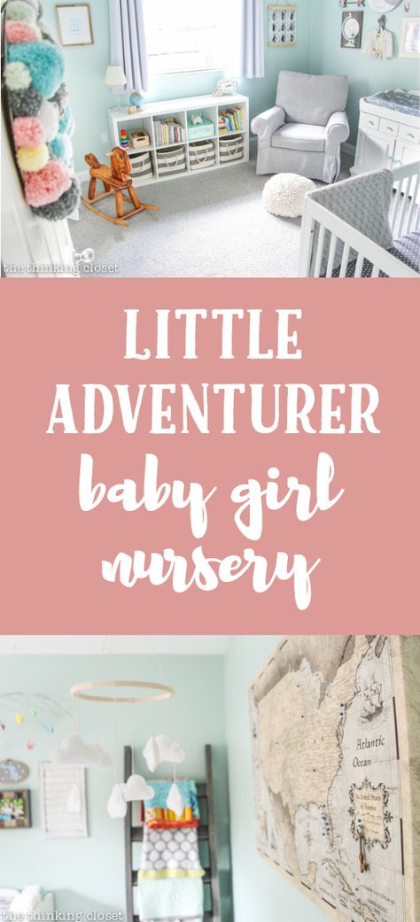 "Little Adventurer" Baby Girl Nursery | Tour a travel-inspired "Little Adventurer" nursery with vintage-modern furniture, an amazing gallery wall, and a gender-neutral color palette of mint, gray, and white. Adventure Nursery Girl, Travel Baby Room, Adventurer Nursery, Travel Nursery Theme, World Traveler Nursery, Travel Themed Nursery, Vintage Baby Rooms, Girl Nursery Colors