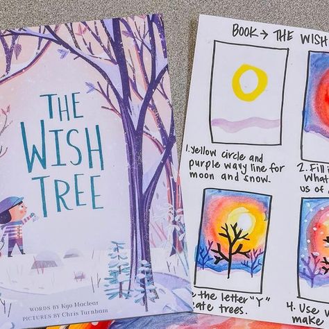 Ashley | Artsy Blevs | Art Teacher on Instagram: "Another fun Kindergarten book-based painting. We read The Wish Tree, looked at pictures of trees and dusk, and talked about the colors we saw. We used the letter Y to help us paint some trees and added some snow! Kindergarten has been plowing through. I’ve had to bring out all of the tricks, but we’re making it! Let me know if y’all want to keep seeing these little summary demo pages for kinder. ❤️ • • • • • • • • • • • #elementaryart #artteacher #teachersofinstagram #artteacherproblems #teacher #iteachtoo #artteachersofinstagram #arteducation #artlessons #kindergarten #kindergartenart #kindergartenteacher" The Wish Tree Book Activities, Elementary Landscape Art Project, Kindergarten Landscape Art Lesson, Grade 2 Winter Art, Holiday Art Lessons Elementary, Art Projects Based On Children's Books, Grade 1 Winter Art, Winter Art Grade 1, Winter Art For Kindergarten