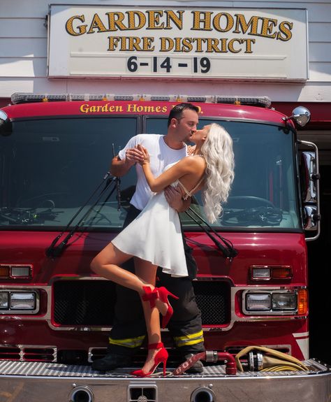 Firefighter Wedding Photos, Fire Department Wedding, Firefighter Engagement Pictures, Fireman Girlfriend, Firefighter Wedding Cakes, Fireman Wedding, Firefighter Engagement, Fire Pictures, Country Engagement Pictures