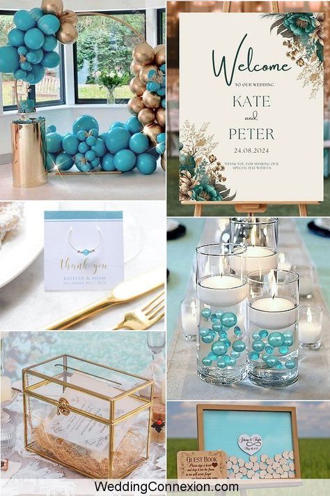 Teal and gold wedding inspiration makes for a striking color palette that will bring elegance, sophistication, and warmth to your special day. Drawing on stylish trends and classic traditions, this article will provide you with all the inspiration you need for a teal and gold wedding. Click to visit WeddingConnexion.com Turquoise And Gold Wedding, Teal And Gold Wedding, Teal Gold Wedding, Glass Wedding Card Box, Gold Pillar Candles, Hunter Green Wedding, Wedding Teal, Elegant Wedding Ideas, Bottle Centerpieces