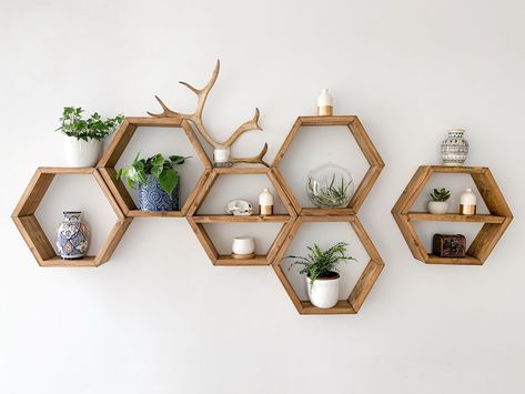 How To Decorate Honeycomb Shelves | Katie's Bliss Hexagon Shelf Decor, Diamond Shelf, Wood Hexagon, Honeycomb Shelves, Floating Shelf Decor, Hexagon Shelves, Crystal Shelves, Custom Shelving, Regal Design