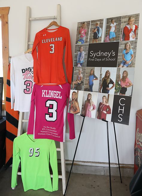 Jersey Display For Grad Party, Sport Graduation Party Ideas, How To Display Jerseys At Graduation, Dance Graduation Party, Volleyball Graduation Party Ideas, Uniform Display Ideas, Sports Jersey Display, 2enior Ye4r, Painted Overalls