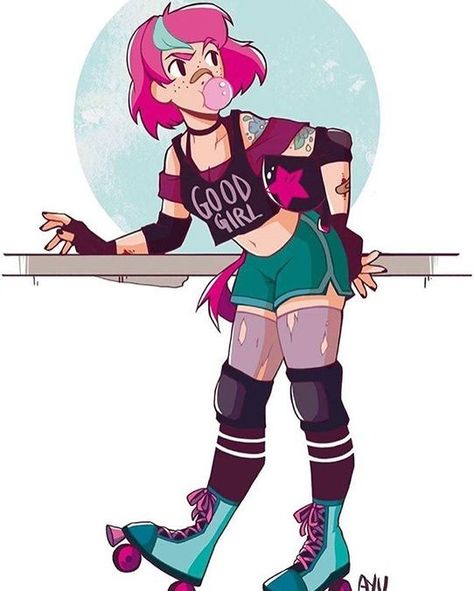 Roller Derby Character Design, Roller Skating Drawing, Extreme Parkour, Skating Drawing, Roller Skating Aesthetic, Evvi Art, Roller Derby Art, Roller Derby Girls, Skating Aesthetic