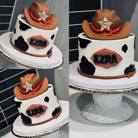 🤠Ezra’s 5th Rodeo🤠 This 10 serving cake was covered in a white Swiss meringue buttercream, with a cow print design The Cowboy Hat topper was hand crafted with fondant, along with other details pictured. This design is perfect for any western rodeo themed party. Happy Birthday Ezra Cake drum • @cakebonofficial Food gel • @chefmaster Fondant • @wiltoncakes Smoother • @sweet_escape001 Everything else! • @heb . . . . . . . . . #cake #sanantonio #sanantoniosmallbusiness #sanantoniocakes... Rodeo Themed Party, Paw Print Cakes, Cow Print Cakes, Cowboy Birthday Cakes, Cowboy Cake, Cow Print Design, 1st Birthday Themes, Meringue Buttercream, Cowboy Birthday