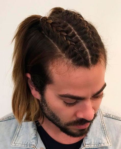 Double Braid Hairstyle For Men French Braids Men, Ponytail Hairstyles For Men, Mens Ponytail Hairstyles, Man Ponytail, Braid Styles For Men, Two French Braids, Double French Braids, Braids Styles, Double Braid