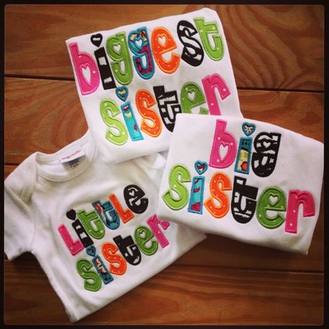 These tees are so much fun and a wonderful way to celebrate the addition of a new baby! As a mom of three girls I know how much fun they are, and how much they love becoming a big sister! This set comes with two tees, your choice of little sister, big sister, bigger and/or biggest Becoming A Big Sister, Three Princesses, Message For Sister, Mom Of Three, Christmas Pregnancy Announcement, Three Girls, Sibling Shirts, Sister Shirt, Sister Outfits