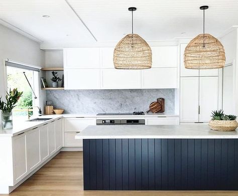 Absolutely love the use of dark vj paneling on island benches for a bit of contrast, can’t wait for the new kitchen to go in 😍👌🏻… Kitchen Island Bench, Casa Clean, Lamp Makeover, Bohemian Kitchen, Neutral Kitchen, Classic Kitchen, Contemporary Kitchen Design, Coastal Kitchen, Scandinavian Kitchen