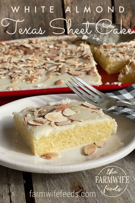 White Almond Texas Sheet Cake is moist and delicious with a creamy almond-flavored glaze. An easy homemade dessert that's a crowd-pleaser. White Texas Almond Sheet Cake, Almond Flavored Desserts, Almond Texas Sheet Cake, Almond Sheet Cake Recipe, Almond Sheet Cake, White Sheet Cakes, White Texas Sheet Cake, Easy Homemade Desserts, Texas Sheet