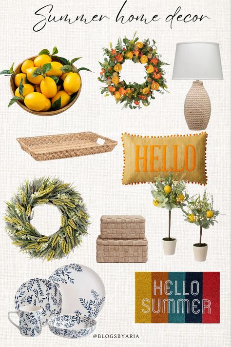 Summer home decor finds. I like to add faux lemons to my decor during the summer, switch out my wreath and doormat and use natural textures for an easy refresh! lemon decor • summer wreath • woven basket • outdoor pillow • summer dinnerware Follow my shop @BlogsbyAria on the @shop.LTK app to shop this post and get my exclusive app-only content! #liketkit #LTKSeasonal #LTKFind #LTKhome @shop.ltk https://liketk.it/4b5GL Bright Summer Decor, Home Summer Decor, Indoor Summer Decor, Summer Bbq Decorations, Summer Decorations For Home, Outdoor Summer Decor, Summer Home Decor Ideas, Summer Birthday Party Decorations, Summer Table Centerpieces