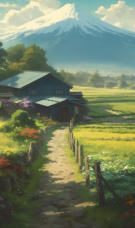 Anime Countryside Aesthetic, Anime Countryside Wallpaper, Anime Sunny Day Background, Japanese Countryside House Aesthetic, Japan Countryside Houses, Bright Sunny Day Aesthetic Wallpaper, Japanese Countryside Wallpaper, Bright Anime Wallpaper, Anime Mountain Background