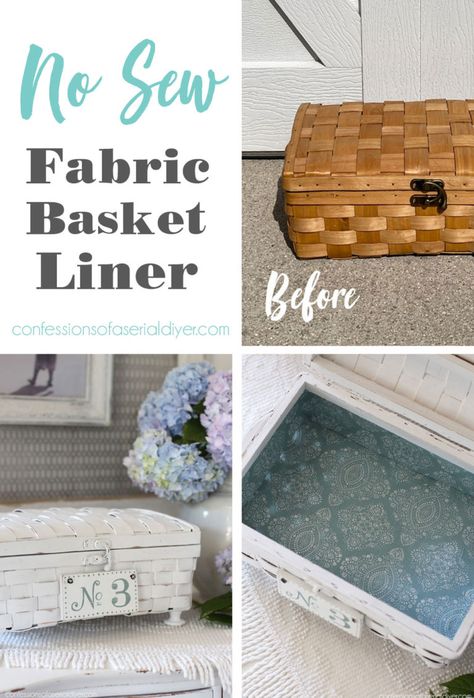 No Sew Fabric Basket Liner | Confessions of a Serial Do-it-Yourselfer Sew Fabric Basket, Fabric Basket Liners, Diy Suitcase, Basket Makeover, The Light Is Coming, Basket Liners, Fabric Basket, Diy Basket, Sewing Baskets