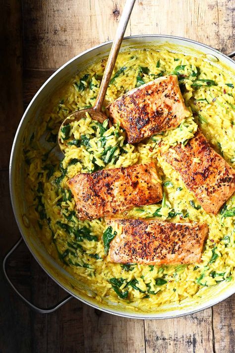 One-Pan Curry Rice with Salmon Salmon Ramen, Sausage Carbonara, Tuscan Ravioli, Artichoke Orzo, Steak Curry, Rice With Salmon, Salmon Orzo, Coconut Salmon, Serving Dumplings