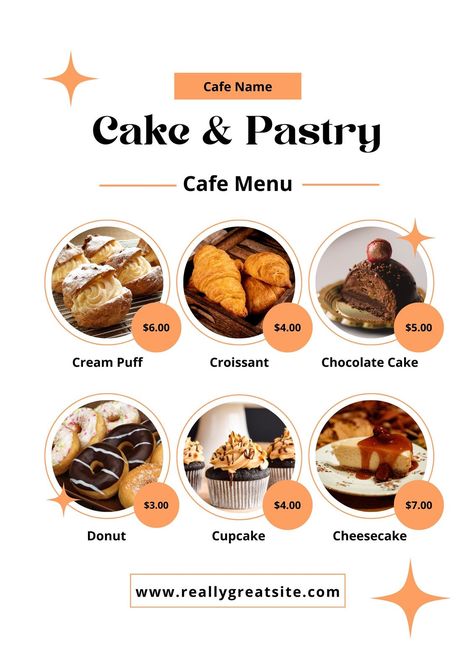 White Orange Aesthetic Minimalist Cake & Pastry Cafe Menu Flyer - Templates by Canva Orange Aesthetic Minimalist, Menu Design Ideas Templates, Pastry Cafe, Minimalist Cake, Pastry Design, Coffee Shop Branding, Bakery Business Cards, Cake Cafe, Menu Flyer