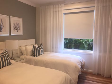 White Sheer Curtains Over Blinds, Bedroom Blinds With Curtains, Sheer Curtain Over Roller Blind, Sheers In Bedroom, Blockout Blind And Sheer Curtain, Sheer Curtains And Roller Blinds, Blockout Blinds And Sheer Curtains, White Curtains With Blinds, Bedroom With Blinds Only