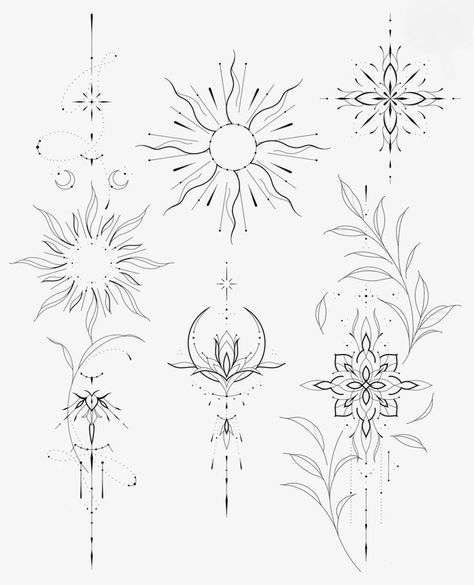 Sun Themed Tattoos, Mandala Fine Line Tattoo, Tato Henna, Word Tattoo, Drawing Styles, Angel Tattoo Designs, Sternum Tattoo, Subtle Tattoos, Spine Tattoos