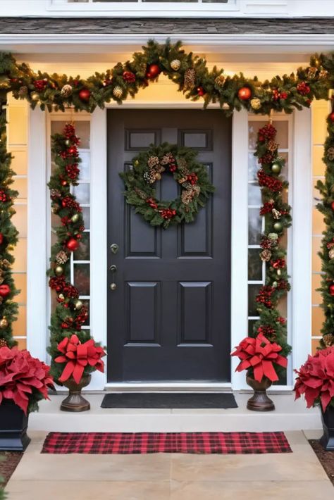 Dress up your porch with DIY garlands and swags. Explore ideas for crafting lush, festive greenery to adorn your outdoor spaces. Christmas Garland Ideas Outdoor, Christmas Garland Outdoor, Garland Outside Christmas, Garland Around Door, Outdoor Garland, Outdoor Doors, Christmas Lighting, Christmas Porch Decor, Fun Christmas Decorations