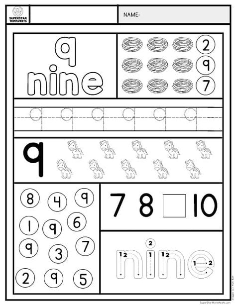 Our Preschool Number Worksheets will not only help your students with counting, they will also help build skills in number formations, writing the names of numbers, recognizing numbers & so much more! 9 Worksheets Preschool, Number 9 Worksheets For Kindergarten, Prek Assignments, Number 9 Worksheets For Preschool, Number 9 Worksheet, Free Preschool Printables Alphabet, Numbers Craft, Superstar Worksheets, Preschool Counting Worksheets