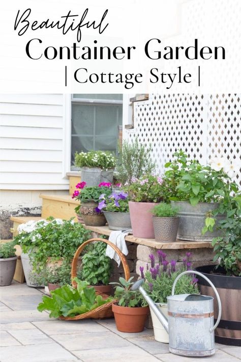 Cottage Garden Patio Ideas Shabby Chic, English Cottage Container Garden, Cottage Kitchen Garden, English Container Garden, Cottage Garden Containers, Container Cottage Garden, Container Garden Design Ideas, Cottage Garden Pots & Planters, Cottage Garden In Pots