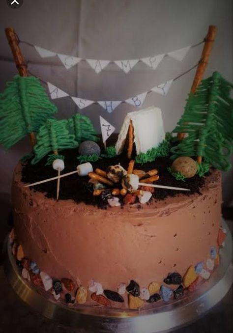 Happy Camper Birthday Cake, Camp Themed Birthday, Woodsy Cake, Camping Theme Cakes, Cake Reference, Bonfire Cake, Camping Birthday Cake, Cake Base Recipe, Nude Cake