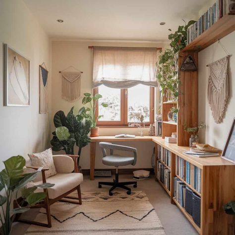 Small Bright Office, Cozy Apartment Office, Boho Style Office Work Spaces, Home Office And Music Room Ideas, Under Window Desk, Bookshelf Next To Desk, Study Nook In Bedroom, Small Den Office, Office Ideas Boho